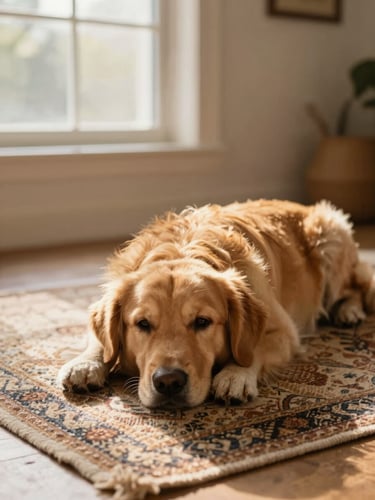 Candid eye-level shot of a golden retriever parent resting on a vintage woven rug indoors by a sunlit window, soft golden-hour natural light.