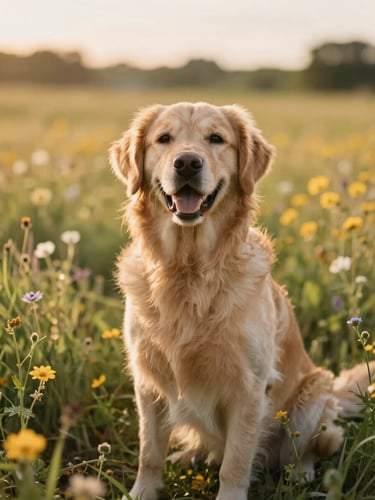 Candid eye-level shot of a happy golden retriever parent dog sitting in a sun-drenched wildflower garden, warm golden-hour lighting, soft focus background
