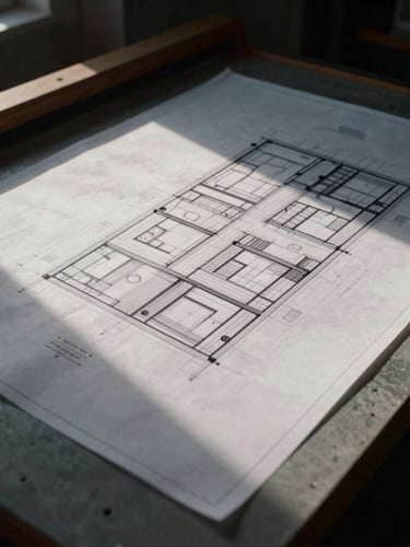 Close-up of an architectural blueprint on a large drafting table, dramatic overhead light creating sharp shadows, focus on intricate lines, empty background.