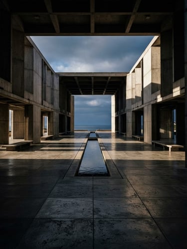 Wide cinematic architectural photography, dramatic high-contrast light and shadow, obsidian and concrete tones, ultra-wide angle, empty grand hall, low angle, 35mm film