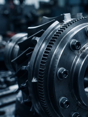 Close-up of industrial mechanical drive equipment and precision gear assembly