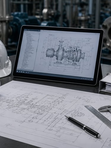 Industrial engineering drawings and technical documentation for equipment coordination & commission