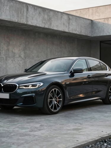 A pristine dark sedan parked in a modern minimalist concrete driveway in Budapest, soft morning light highlighting the glossy ceramic coating and sharp lines