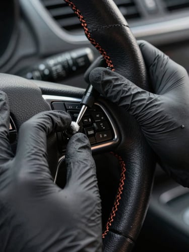 Macro shot of professional hands in black nitrile gloves detailing a premium leather steering wheel stitching, sharp focus, technical lighting, dark background.