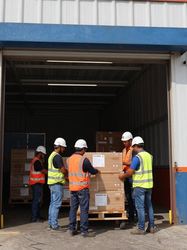 Wide environmental shot of an active loading dock in Manaus, professional workers in high-visibility safety vests and helmets organizing cargo under bright natural daylight, sharp focus, 35mm lens.