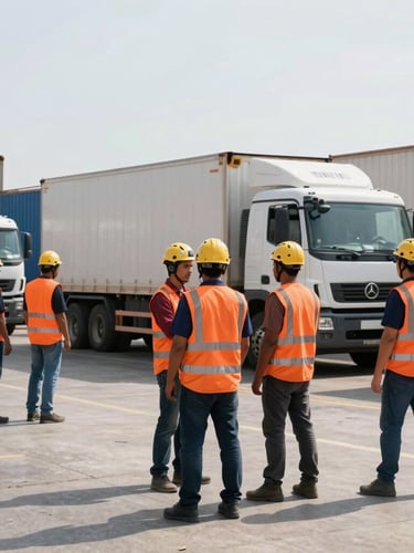 Wide environmental shot of a professional cargo team wearing orange safety vests and helmets at a busy Manaus logistics dock, cargo trucks in background, bright daylight, industrial documentary photography style.