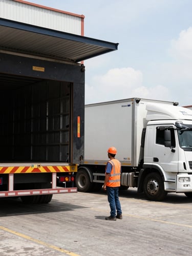 Wide environmental shot of an active loading dock in Manaus, high-contrast industrial documentary photography, bright daylight, cargo truck in background, worker wearing orange safety vest and helmet in foreground.