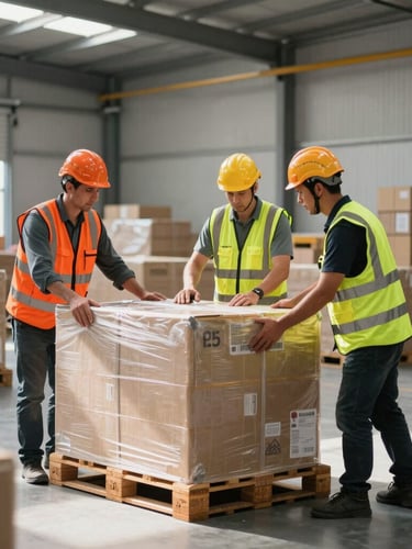 Medium shot of professional logistics workers in high-visibility safety vests and helmets organizing cargo pallets inside a clean, modern warehouse, strong industrial lighting, sharp focus.