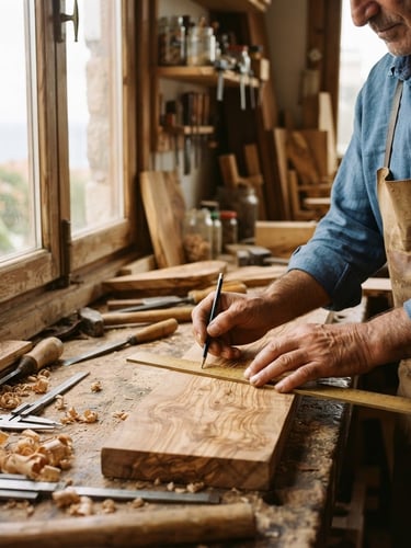 Warm editorial photography of a carpentry workshop in Urla, bright natural coastal daylight streaming through a window, a master carpenter's hands carefully measuring a piece of rich olive wood on a rustic workbench, soft focus background with wood shavings, highly detailed.