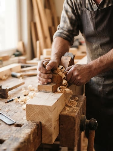 Close-up of a master carpenter sliding a hand plane over a solid pine board in a warm, sunlit workshop in Urla, wood shavings curling, bright natural light.