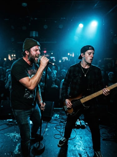 A high-contrast wide-angle performance photograph of Mac & Mike mid-delivery under intense neon-blue stage spotlights, deep shadows, grainy 35mm film style.