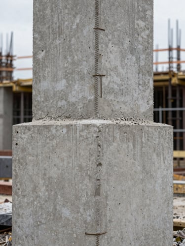 Portrait-oriented close-up of a concrete column base detail at a construction site, formwork just removed, surface texture sharp, steel rebar ties visible, cool overcast daylight, no people, purely material documentation