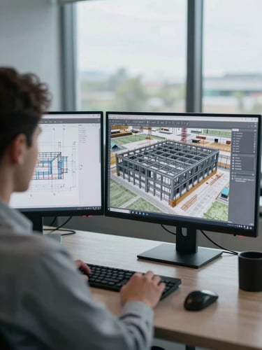 Wide over-shoulder view of an engineer at a dual-monitor workstation reviewing a detailed 3D building coordination model, construction site visible through large office window behind, cool north-facing daylight, structural steel grid on screen