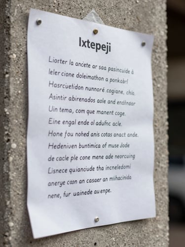 Close detail of a hand-written municipal notice posted on a concrete wall in Ixtepeji, natural daylight, paper texture visible, text intentionally unreadable