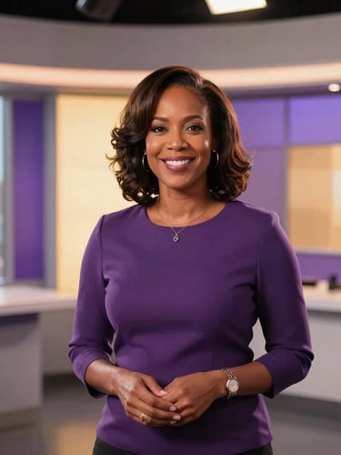 A professional portrait of founder Sherita Hart in a bright modern broadcasting studio, warm natural golden-hour light, rich purple accents, 35mm editorial photography