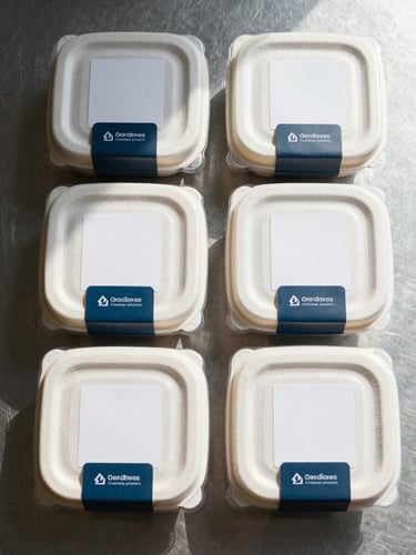 Overhead flatlay, bright north-facing natural light, four sealed corporate meal boxes arranged in a tight grid on a clean steel-gray surface, lids closed and labeled, condensation visible on one container edge, no garnish, no hands, no props—pure readiness
