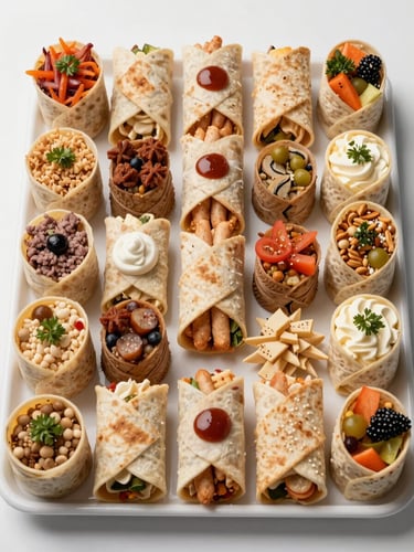 Overhead close-detail shot of a sealed platter of mixed finger foods and wraps arranged in neat rows on a white surface, bright studio light rendering each item accurately, no shadows, no garnish