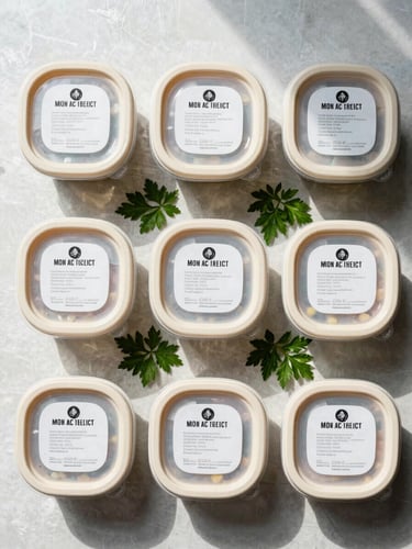 Overhead flatlay, bright north-facing natural light on a row of six sealed individual meal boxes arranged on a white steel-gray surface, lids closed and labeled, fresh green herb sprigs placed between boxes as spacing detail, no shadows, no garnish drama—pure readiness