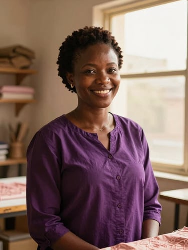 Warm editorial portrait of a smiling West African female entrepreneur in her brightly lit textile workshop, golden hour window light, shallow depth of field, 35mm.
