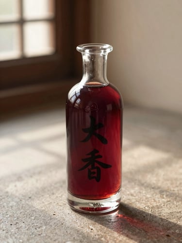 Elegant glass bottle of deep crimson Kanji catching soft window daylight on a textured stone surface, shallow depth of field, warm editorial photography