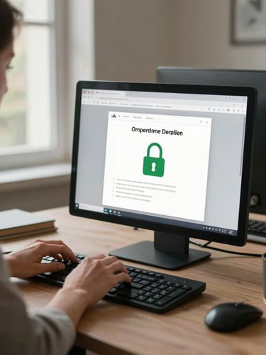 Medium shot of a European businesswoman's hands on a keyboard, a browser tab showing a green padlock and certificate details on the screen in front of her, warm neutral office light from the left window, desk surface visible