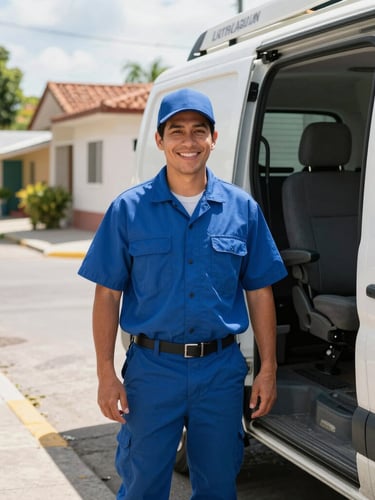 A friendly local network technician in a neat blue uniform smiling next to a service van on a sunny residential street in Mexico, bright natural light