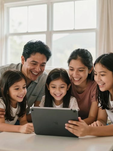 A bright, warm photo of a Mexican family in their living room, laughing together while streaming a movie on a tablet, natural light pouring in from a large window, soft focus, 35mm lens