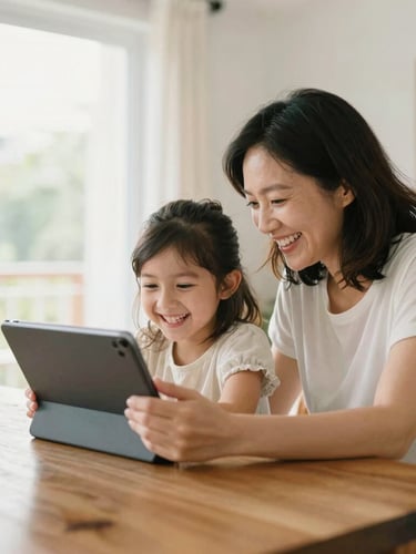 Bright family home interior, natural daylight, a mother and daughter laughing while looking at a tablet on a wooden dining table, warm 35mm photography