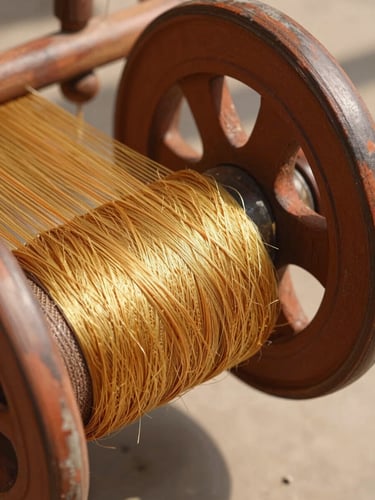 Macro close-up of raw golden Bhagalpuri silk threads being spun on a traditional wooden wheel, bright natural daylight casting crisp shadows, rich terracotta tones, high-end commercial B2B photography, 50mm.