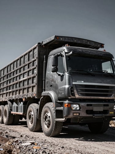 Low-angle heroic shot of a massive three-axle wooden-stake truck on a steep Andean mountain road, dramatic high-contrast daylight, metallic charcoal paint, 35mm