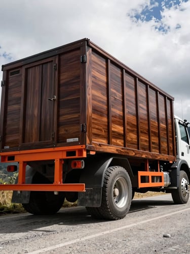 Low-angle heroic shot of a completed wooden-stake truck body, polished dark wood and orange steel chassis, parked on a rugged Colombian mountain road, dramatic high-contrast natural daylight, 35mm