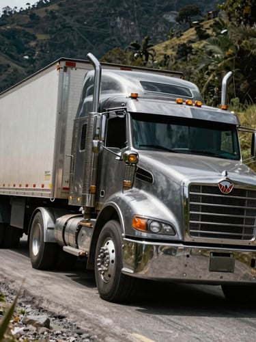Dramatic low-angle portrait shot of a massive tractor-trailer climbing a steep Andean mountain road in Colombia, high-contrast natural daylight, deep metallic tones, 35mm