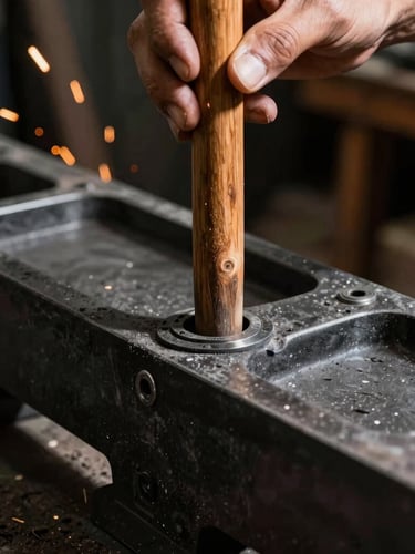 Close-up of a master craftsman hand-finishing a polished heavy wooden stake slotting into a thick charcoal steel chassis, sparks in background, high contrast, dramatic workshop lighting