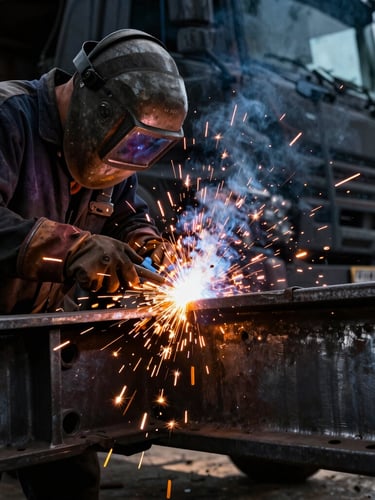 Dramatic close-up of a welder working on a heavy steel truck chassis, bright orange sparks flying, dark metallic background, high-contrast industrial photography