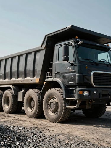 Low-angle heroic shot of a massive three-axle dump truck in an industrial gravel yard, high-contrast natural daylight, deep metallic tones, 35mm