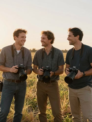 A candid group portrait of three professional photographers standing together in a sun-drenched Texas field, laughing naturally, warm golden hour backlighting, editorial style