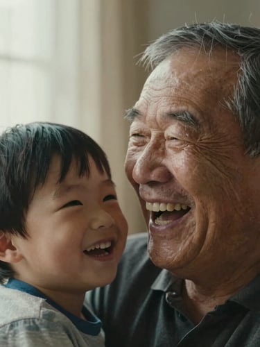 Close-up candid portrait of a grandfather laughing with his young grandson, soft ambient window light, warm tones, natural expressions.