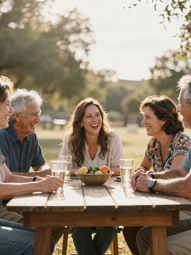 A candid portrait of a multi-generational family laughing together at an outdoor wooden table, warm Texas sun flare, natural movement.