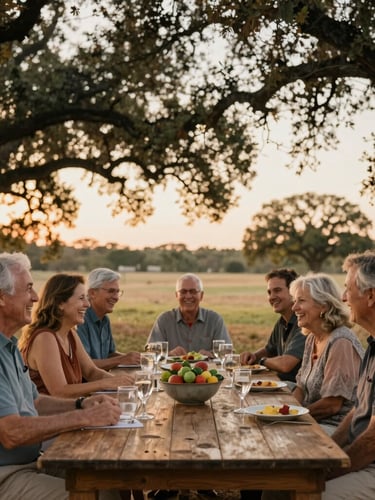 Wide angle candid shot of a multi-generational family laughing around a long wooden table outdoors during Texas golden hour, warm amber light filtering through oak trees