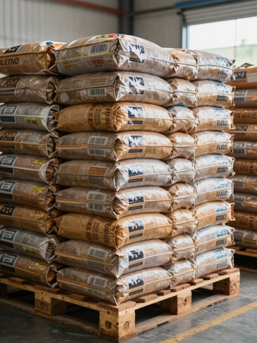 Clean warehouse logistics interior with neatly stacked pallets of standardized bulk foodstuff sacks, bright natural daylight, industrial order