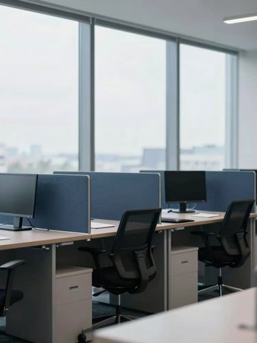 Wide environmental architectural shot of a modern structured corporate workspace, bright cool daylight, minimal design.