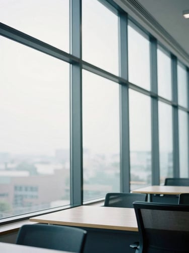 A bright, cool-toned modern architectural office interior with large steel-framed windows, soft overcast daylight illuminating a structured workspace with clean lines and minimal distraction, 35mm editorial photography.