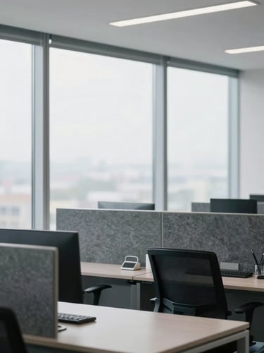 Bright corporate office interior with clean lines, soft overcast window light illuminating a structured workspace with slate gray accents, 35mm photography.