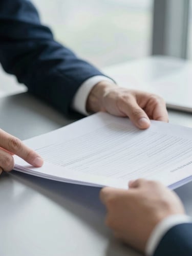 Tight macro detail shot of hands reviewing structured physical corporate documents on a slate gray desk, soft natural window light.
