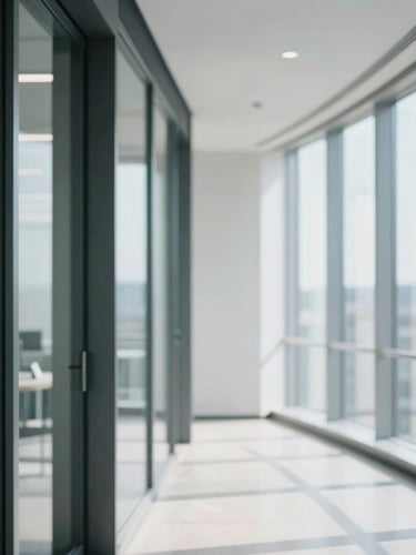 Bright modern architectural office interior with clean lines, steel and glass partitions, cool natural daylight, shallow depth of field.