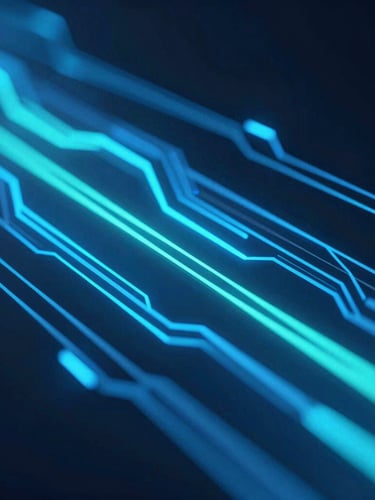 Macro perspective of glowing neon blue and teal data streams flowing through abstract geometric pathways, sleek 3D render, high-contrast tech lighting, dark mode aesthetic
