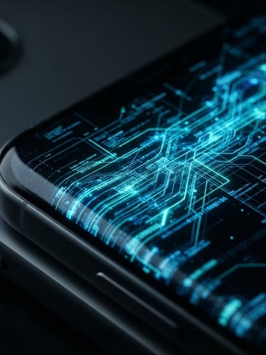 Sleek 3d render from a macro perspective, glowing neon blue and teal data streams flowing across a dark glass mobile screen, high-contrast tech lighting, clean depth of field.