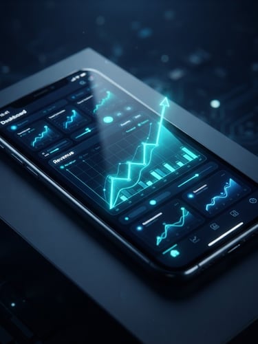 Sleek 3D render of a mobile application dashboard on a dark phone screen, glowing neon teal charts displaying upward revenue curves, high-contrast tech lighting against deep navy background