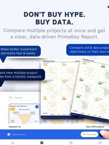 Navis PrimeKey real estate data report showing property investment comparison scores and market analytics.