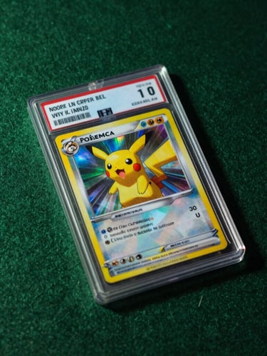 Macro shot of a rare holographic Pokémon card sitting in a hard card sleeve on a dark green felt tournament table, dramatic neon green side lighting, high contrast